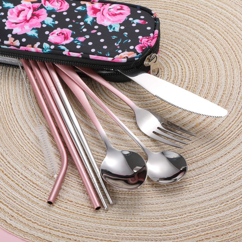 Topbooc Travel Utensils Reusable Silverware Set To Go Portable Cutlery Set with a Waterproof Carrying Case for Lunch Boxes Workplace Camping Picnic (GraPink) - Image 5